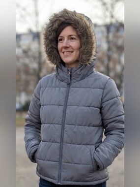 Merona Gray Quilted Puffer Jacket with Faux Fur Hood